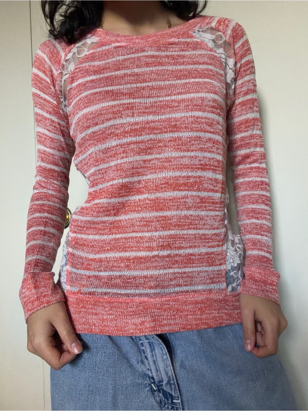 Coral & White Striped Lace Back Top